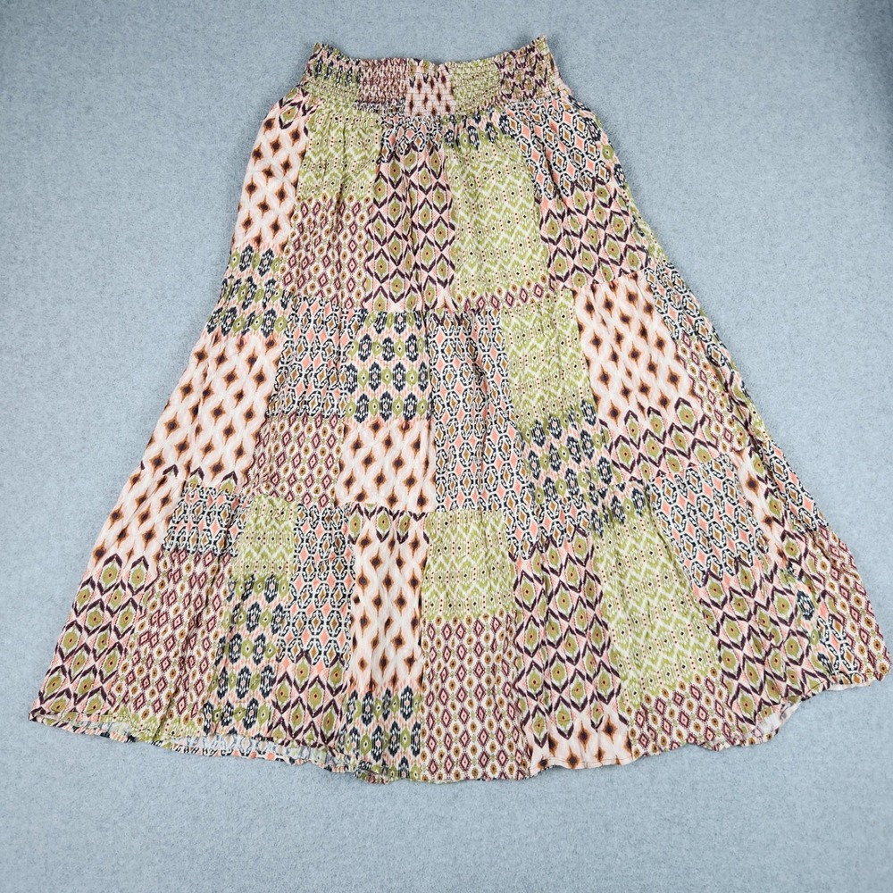 Liverpool Maxi Skirt Juniors L Multicolor Ikat Patchwork Smocked Tiered Boho